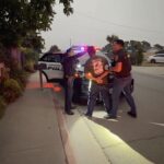 Two officers interact with a person near a police vehicle on a residential street at dusk.