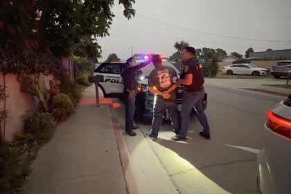 Two officers interact with a person near a police vehicle on a residential street at dusk.